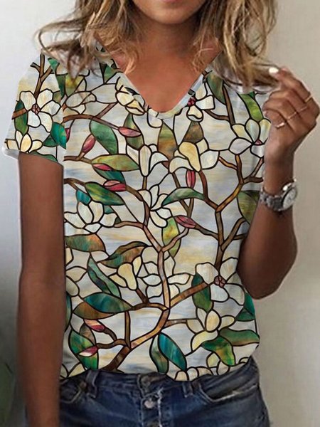 

Floral V Neck Casual Loosen Shirts & Tops, As picture, T-Shirts
