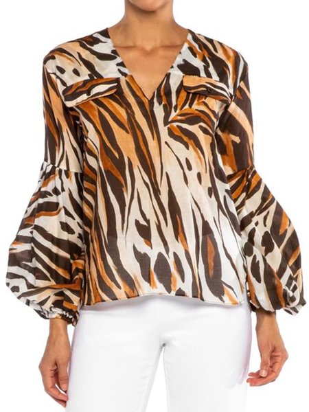 

V neck Leopard Long sleeve Top, Tan, Tops