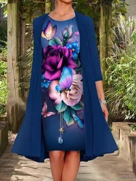 

Regular Fit Crew Neck Long sleeve women Dress, Purple, Floral Dresses