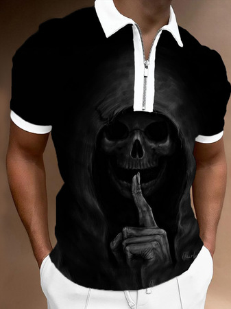 

Casual Sports Abstract Skull Digital Print Short Sleeve Polo, As picture, polo