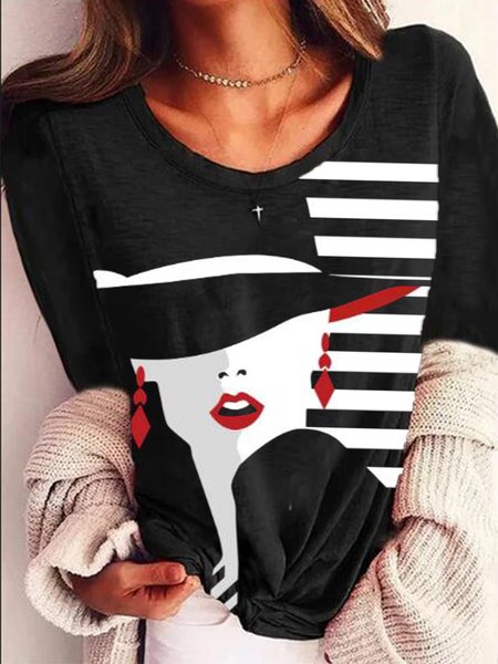 

Crew Neck Casual Cotton Blends Shirts & Tops, Black, T-Shirts