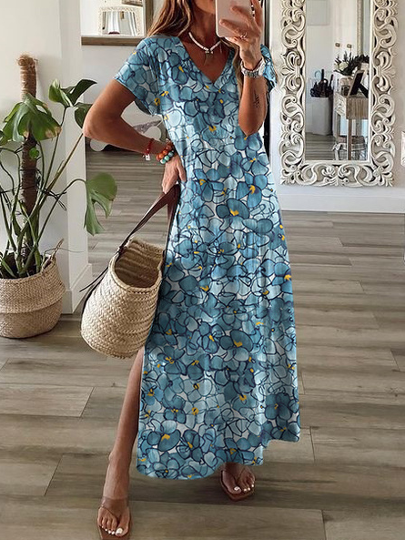

Vacation Loosen V Neck Floral Dresses, Blue, Floral Dresses