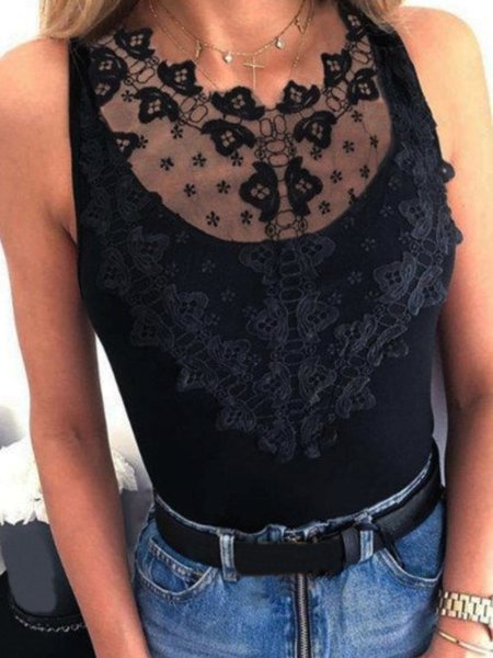 

Casual Lace Sleeveless Round Neck Plus Size Knit Tank, Black, Tank Top