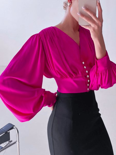 

Spring Long sleeve V Neck Lightweight Date Non-Stretch Tops, Rose red, Tops