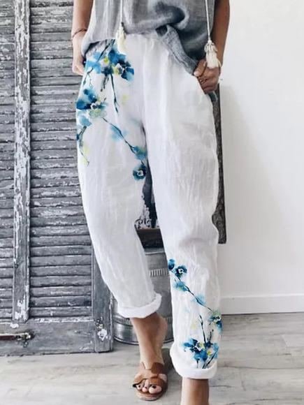

Floral Cotton Blends Pants, White, Pants