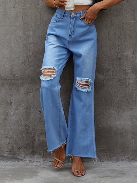 

Vacation Casual Blue Distressed Flare Jeans, Jeans