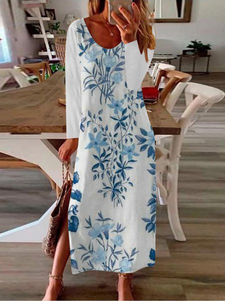 

Casual Vacation Floral Print Long Sleeve V-neck Maxi Dresses, White, Maxi Dresses