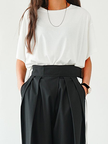 

Plain Crew Neck Loosen Simple Top, White, Tees