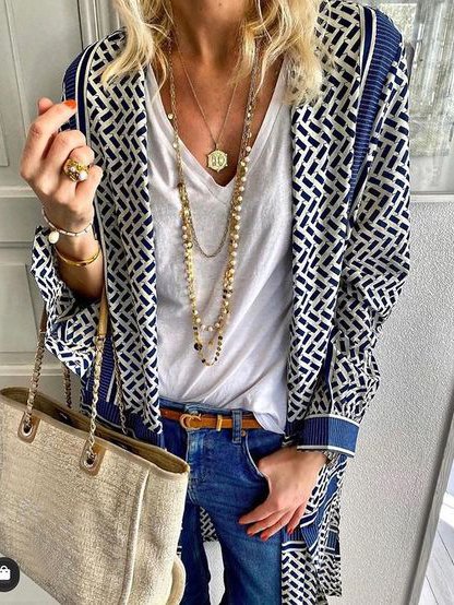 

V Neck Loosen Geometric Outerwear, Blue, Cardigans
