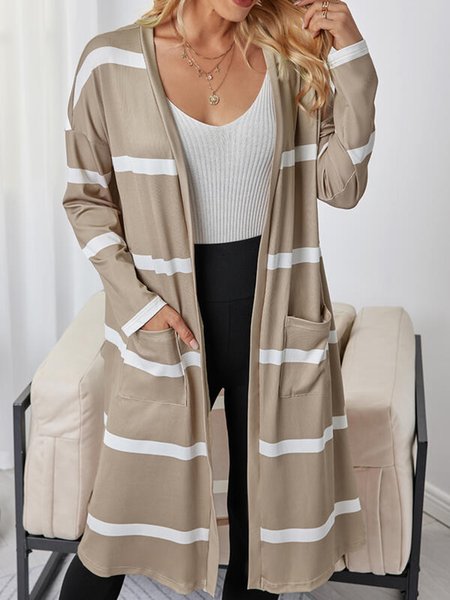 

Cotton Blends Casual Striped Outerwear, Khaki, Cardigans