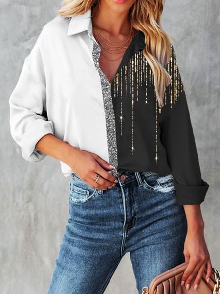 

Sequins Glitter-finished Color Block Shirt Collar Casual Loosen Long Sleeve Blouse, Black-white, Blouses & Shirts