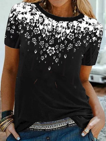 

Floral Crew Neck Regular Fit Shirts & Tops, Black, T-Shirts