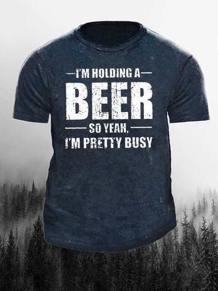 Text Element Graphic Print Crew Neck Short Sleeve Tee Men, Blue, T-shirt