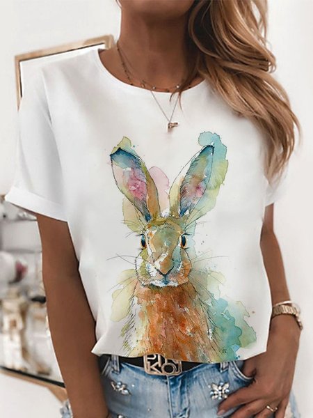 

Easter Bunny Print Round Neck Short Sleeve Casual T-Shirts, White, T-Shirts