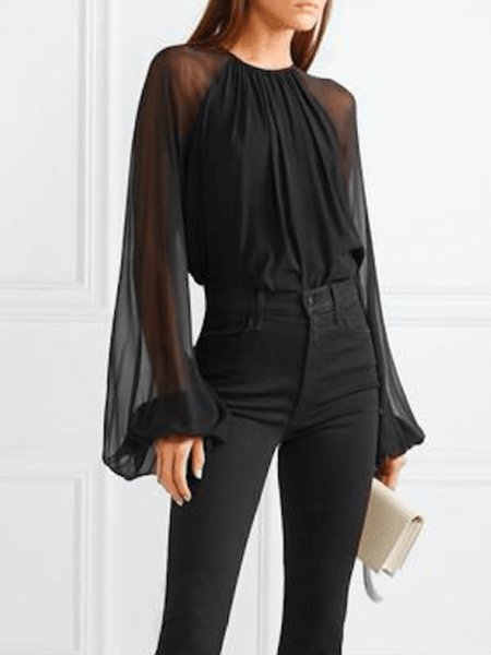 

Spring Crew Neck Elegant Lightweight Long sleeve Tops, Black, Tops
