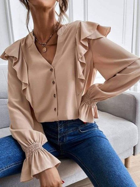 

Long Sleeve V Neck Casual Shirts & Tops, Khaki, Tops
