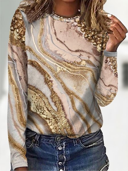

Geometric Long Sleeve Crew Neck Plus Size Casual Tops, Rose gold, T-Shirts