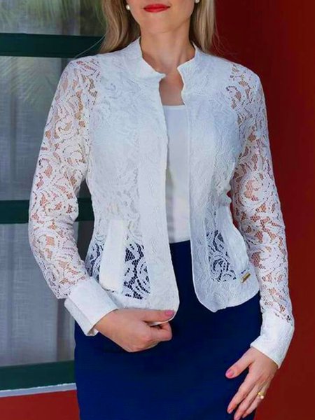 

Stand Collar Long Sleeve Closed Lace Cutout Casual Cardigan Jacket, White, Cardigans
