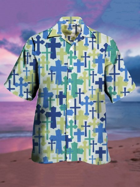 

Mens Easter Jesus Crucifix Print Casual Breathable Short Sleeve Hawaiian Shirts, Blue, Men's Floral shirt