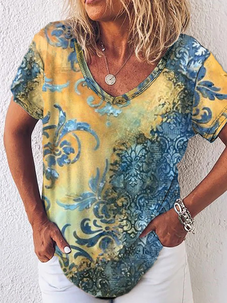 

Cotton Blends Casual Short Sleeve T-shirt, Yellow, T-Shirts