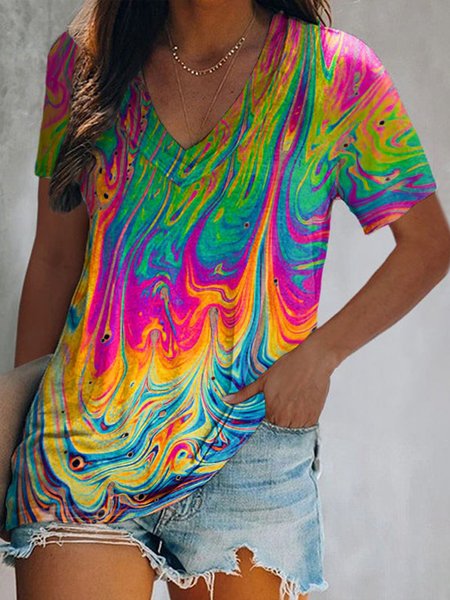 

Holiday party leisure gradient Abstract graffiti tie dye earth day loose Loosen Ombre Shirts & Tops Plus Size, Multicolor, T-Shirts