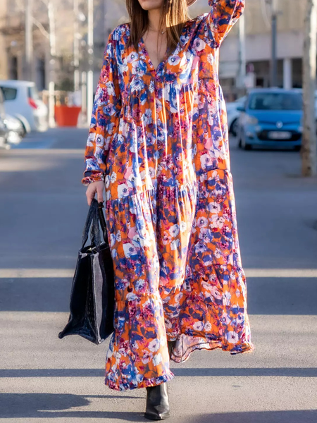 

V Neck Boho Long sleeve Woven Dress, Orange, Maxi Dresses