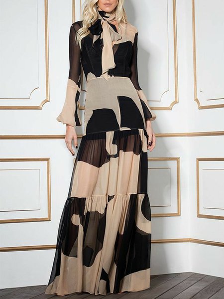 

Elegant Long Sleeve Abstract Regular Fit V Neck Maxi Dress, Black-coffee, Maxi Dresses