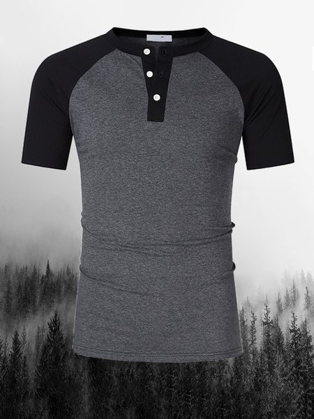 

Men's Stitched Henry Neck Long Sleeve Tops, Gray, T-shirt
