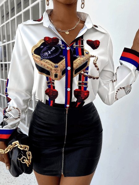 

Lady Long Sleeve Heart Shirt Collar Regular Fit Shirt, White, Blouses and Shirts