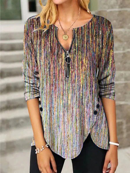 

Abstract Printed Casual Zipper Round Neck Long Sleeve Shirts & Tops, As picture, T-Shirts