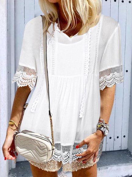 

Lace Short Sleeves Plain V Neck Plus Size Casual Tops, White, Tops