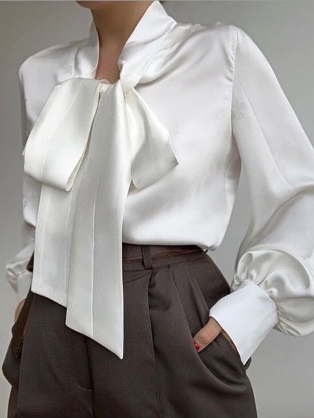 

Spring Elegant Tie Neck Plain Long sleeve Lightweight Tops, White, Tops