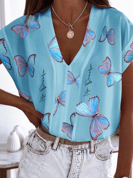 

Casual Butterfly Short Sleeve V Neck Plus Size Printed Tops, Blue, Tops