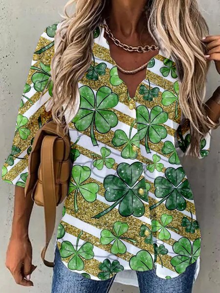 

St. Patrick's Day Lucky Shamrock Print Long Sleeve V Neck Long Sleeve Blouse, Green, Blouses & Shirts