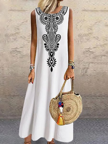 

Tribal Crew Neck Color Block Vacation Dresses, White, Boho dresses
