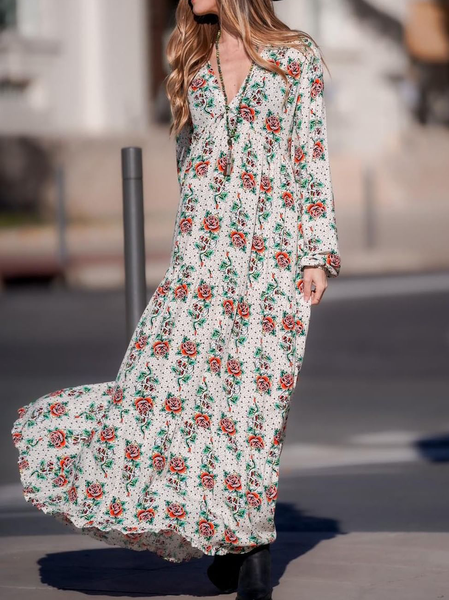 

Floral Boho V Neck Loosen Dresses, As picture, Maxi Dresses