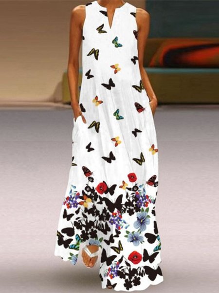

Butterfly Floral Printed Casual Round Neck A-line Pockets Loosen Dresses, White, Dresses