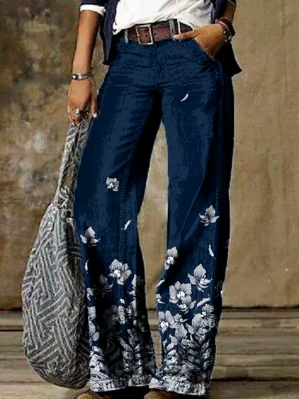

Denim Floral Casual Long Pants, Blue, Jeans
