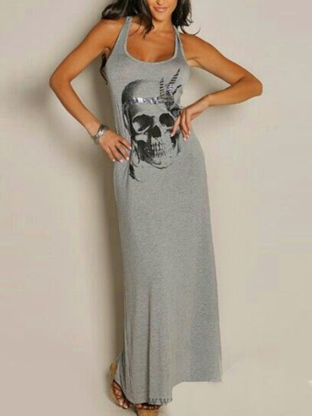 

Casual Grey Sling Dress Skull Figure Dress, Gray, Maxi Dresses