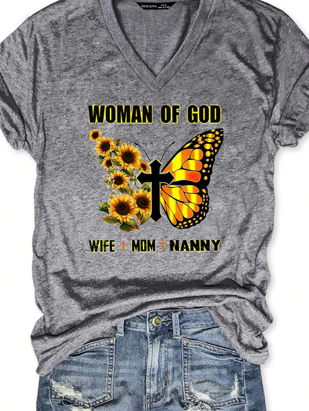 

Woman Of God Wife&Mom&Nanny Sunflower Butterfly Shirts&Tops, Light gray, T-shirts