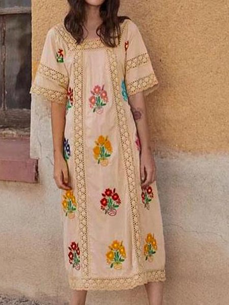 

Loosen Floral Printed Vacation Square Neck Off Shoulder Short sleeve Woven Dress, Flower, Midi Dresses