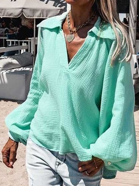 

Casual Bishop Sleeve Cotton Solid Long sleeve tops, Green, Tops