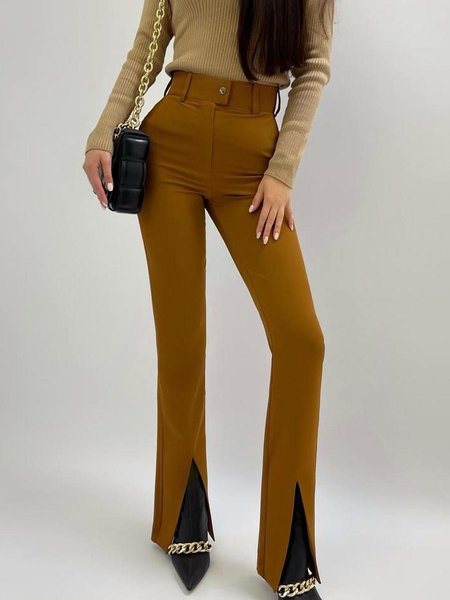 

Slit Solid Simple Work Straight Leg Pants, Brown, Flared Pants