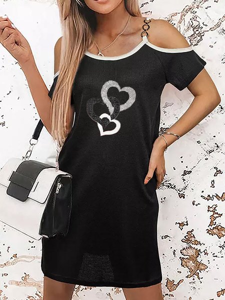 

Cotton Blends Heart Printed Short Sleeves V Neck Short Short sleeve Knit Dress, Black, Mini Dresses