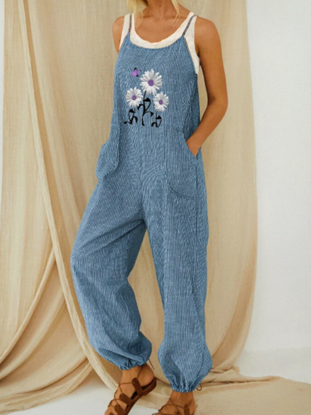 

Floral Print Strap Jumpsuit with Pockets Striped Casual One-Pieces, Blue, Jumpsuits＆Rompers