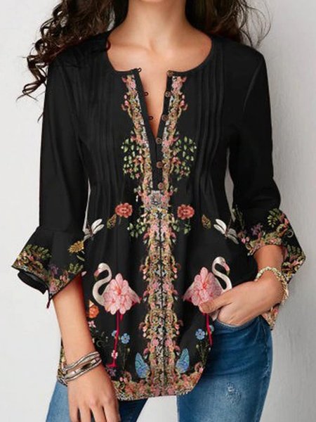 

Tribal Pattern 3/4 Sleeves Notched Plus Size Casual Tops, Black, Tops
