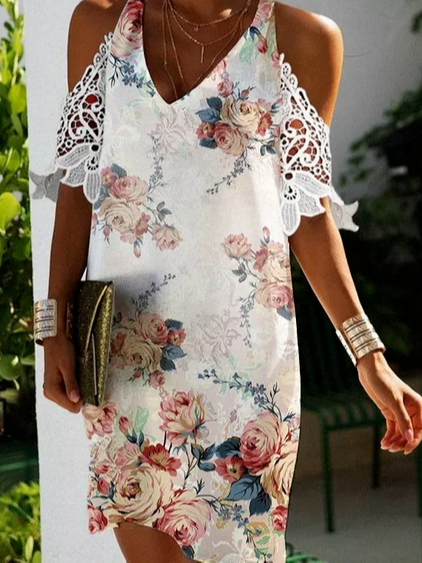 

Casual Vacation Floral Cotton Blends V Neck Knee Dresses, White, Midi Dresses