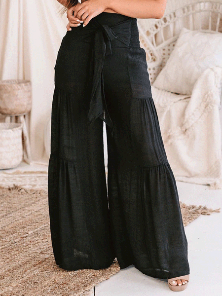 

Plain Stacked Panel Wide-Leg Trousers, Black, Pants