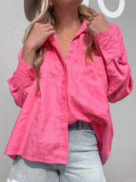 

Plus Size Casual Loosen Solid Lapel Long Sleeve Shirts & Tops, Rose red, Blouses & Shirts