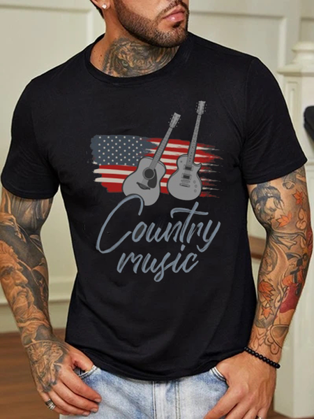 

Recreational Style Of American Country Music Guitar Printing Men's Short Sleeve, Black, T-Shirts